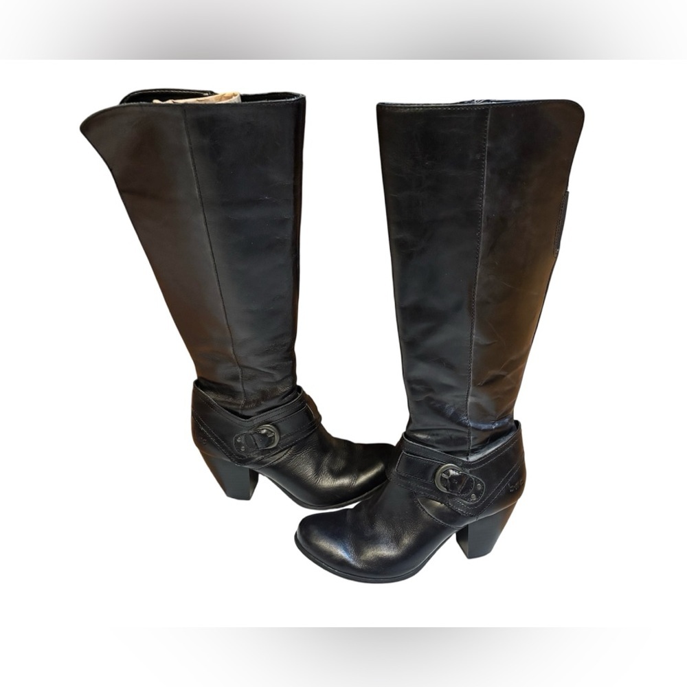 b.o.c. Black Leather Knee High Buckle Boots Block Heel 6.5/37
